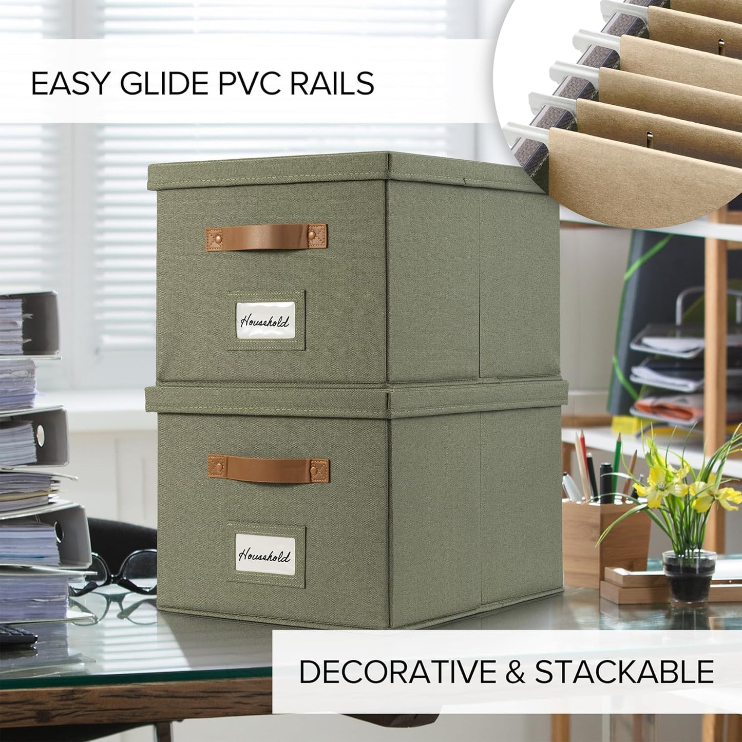 ZICOTO Decorative File Organizer Box Set of 2 - Collapsible Linen Filing Cabinets with Handles Are Perfect to Store All Your Documents & Hanging File Folders - Portable Easy Slide Crates with Lid