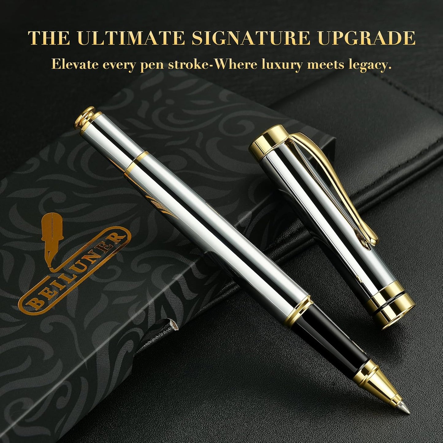 BEILUNER Ballpoint Pens, Stunning Black Chrome Metal Pen with Golden Trim, Best Ball Pen Gift Set for Men & Women, Professional, Executive, Office, Nice Pens-Gift Box with 0.5mm Black Extra Refill