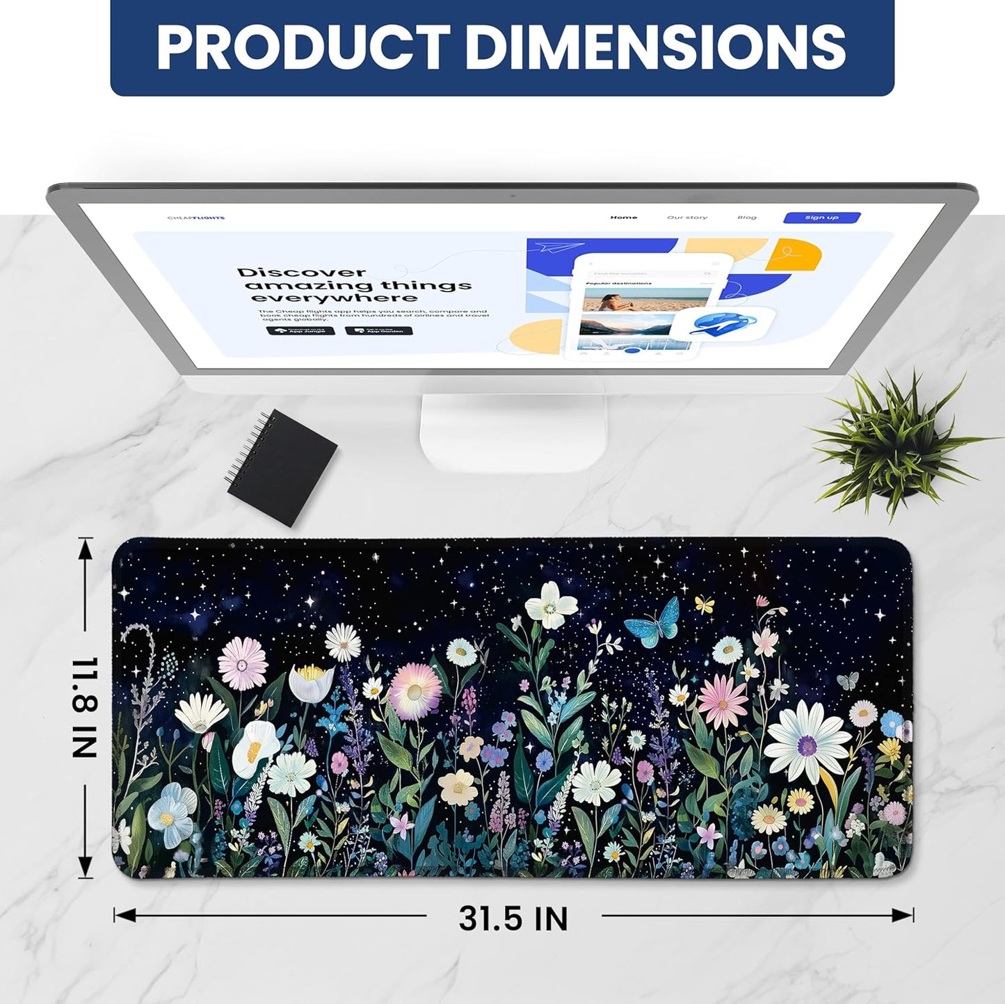 Large Mouse Pad for Desktop, Cute Desk Mat Pad Protector for Work & Gaming, Aesthetic Pretty Anti-Slip Laptop Blotter Cover for Office School Home Supplies, Wildflowers, 31.5" x 11.8"