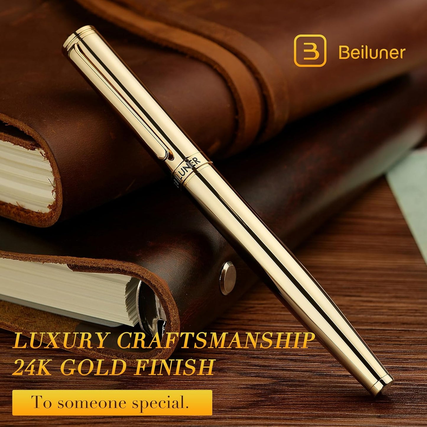 BEILUNER Luxury Rollerball Pen, Stunning Green Lacquer with 24K Gold Trim,Noble and Elegant Designs,Schneider Ink Refill, Best Gift Set for Men & Women, Refillable, Executive Writing, Nice Pens