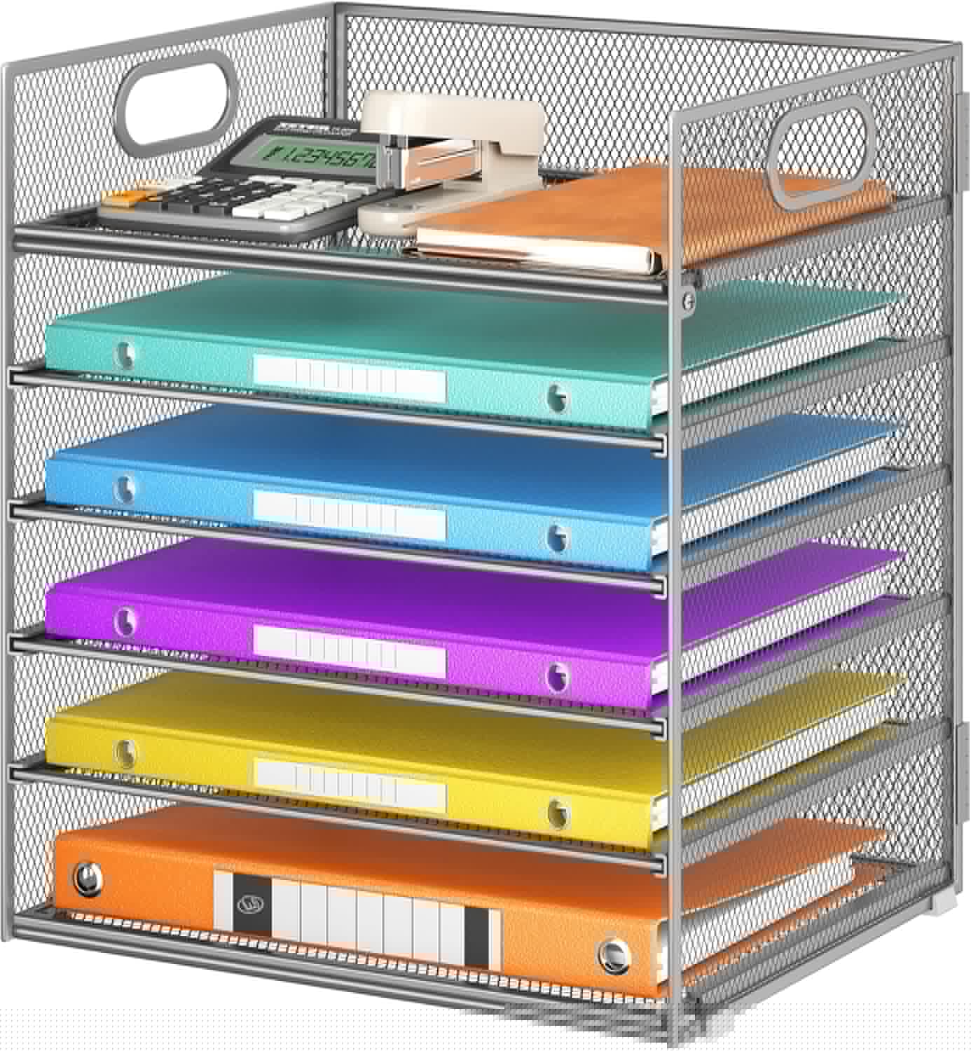 Lavatino 5 Tray Desk File Organizer, Black Mesh Paper Sorter Letter Tray Organizer with Handle, Desktop File Organizer and Storage for Letter/A4 Office File Folder