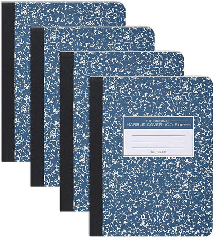 ROARING SPRING Hard Cover Composition Notebook, 4 Pack, Blue Marble Comp Book, 9.75″ x 7.5″, Unruled Blank Paper, 100 Sheets (200 Pages), Made in USA