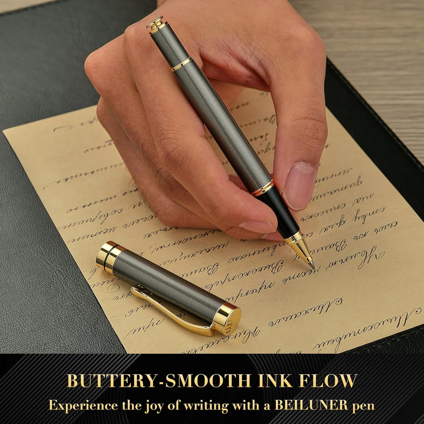 BEILUNER Ballpoint Pens, Stunning Black Chrome Metal Pen with Golden Trim, Best Ball Pen Gift Set for Men & Women, Professional, Executive, Office, Nice Pens-Gift Box with 0.5mm Black Extra Refill