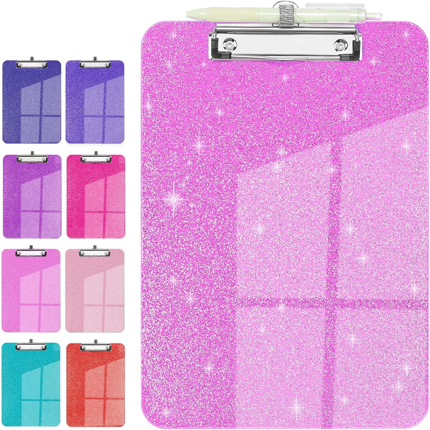 Sparkly Clipboard with Pen Holder, Clear Plastic Glitter Clip Board, Hanging Shiny Clipboards with Low Profile Metal Clip, Letter A4 Size for Taecher Women Office School (Rose Pink)