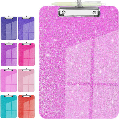 Sparkly Clipboard with Pen Holder, Clear Plastic Glitter Clip Board, Hanging Shiny Clipboards with Low Profile Metal Clip, Letter A4 Size for Taecher Women Office School (Rose Pink)