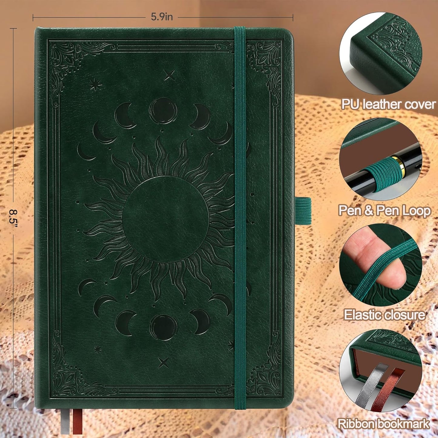 Journal Notebook for Women/Men, Daily for Classic Lined Writing,360 Pages Leather Hardcover with Vintage Sun & Moon Design, SeaGreen, A5 (14.5 x 21 cm)