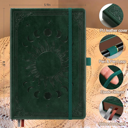 Journal Notebook for Women/Men, Daily for Classic Lined Writing,360 Pages Leather Hardcover with Vintage Sun & Moon Design, SeaGreen, A5 (14.5 x 21 cm)