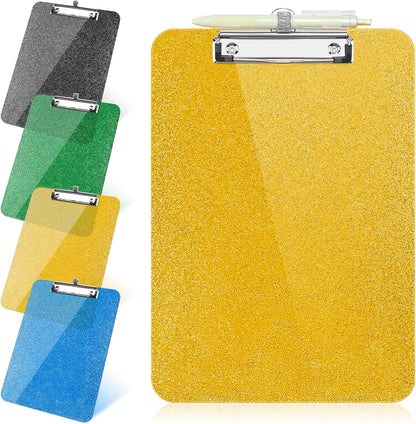 SFLHHDM 1 Pcs Clear Glitter Clipboards, Plastic Clipboard with Pen Holder, Size 8.85 x 12.4 in Shiny Clipboards with Low Profile Clip, Cute Hanging Clipboard for Office School Sparkly Clip Board-Pink