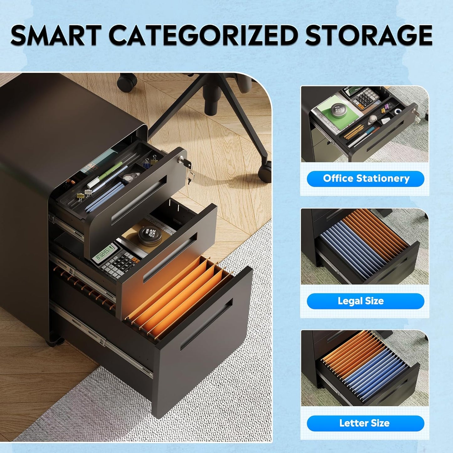 DEVAISE 3 Drawer Mobile File Cabinet Under Desk Office, Fully Assembled Except Casters, Letter/Legal Size, Black