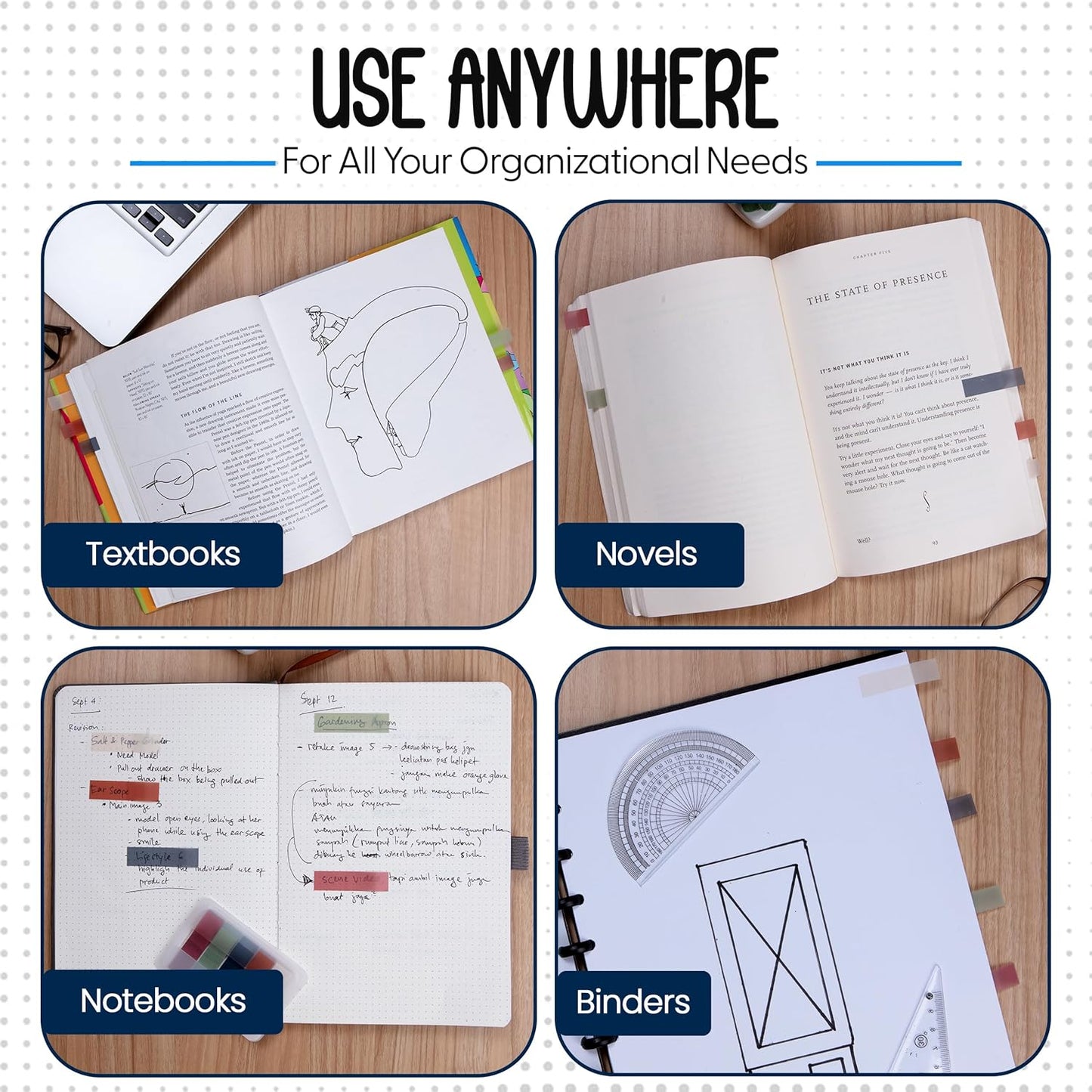 Essex Wares - 300 Pieces - Transparent Sticky Notes Tabs with Case - 5 Light Pastel Colors - 3 Cases - 1.8" x 0.4" - 60 Pieces - Pop Up Index Tabs - Book Flags for Annotating - Book Sticky Tabs