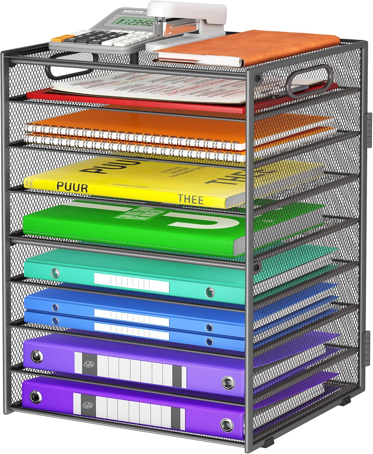 Cawukege 9 Tier Paper Organizer with Handle, Black Large Capacity Desk Organizer Mesh File Folder Letter Paper Tray Desktop Document Sorter for Classroom, School, and Office Accessories Organization