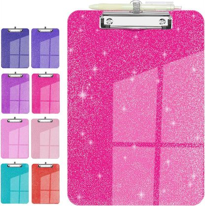 Sparkly Clipboard with Pen Holder, Clear Plastic Glitter Clip Board, Hanging Shiny Clipboards with Low Profile Metal Clip, Letter A4 Size for Taecher Women Office School (Rose Pink)