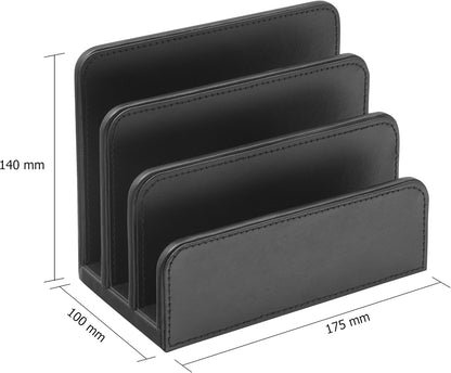 OSCO Black Faux Leather Letter Holder | Mail Sorter | Post Rack | Envelope Organiser | Document Stand | Desk File Storage | Display Slots | H14 x W17.5 D10 cm |