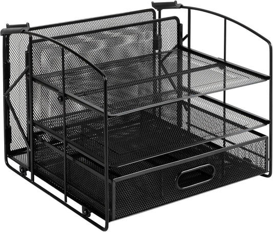 Amazon Basics Sturdy Rectangular Desktop Organizer with 3 Trays, Sliding Drawer and Hanging File Holder for Office Supplies, Black