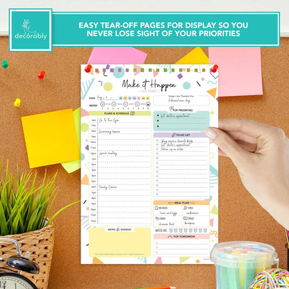 Decorably 52 Sheets Boho Celestial Undated Daily to Do List Notepad - 6.5x10" Spring-Bound Planner, Easy Tear-Off, for Schedule, Priorities, Agenda, Water Intake, Meals, Notes & Doodles - Home, Office
