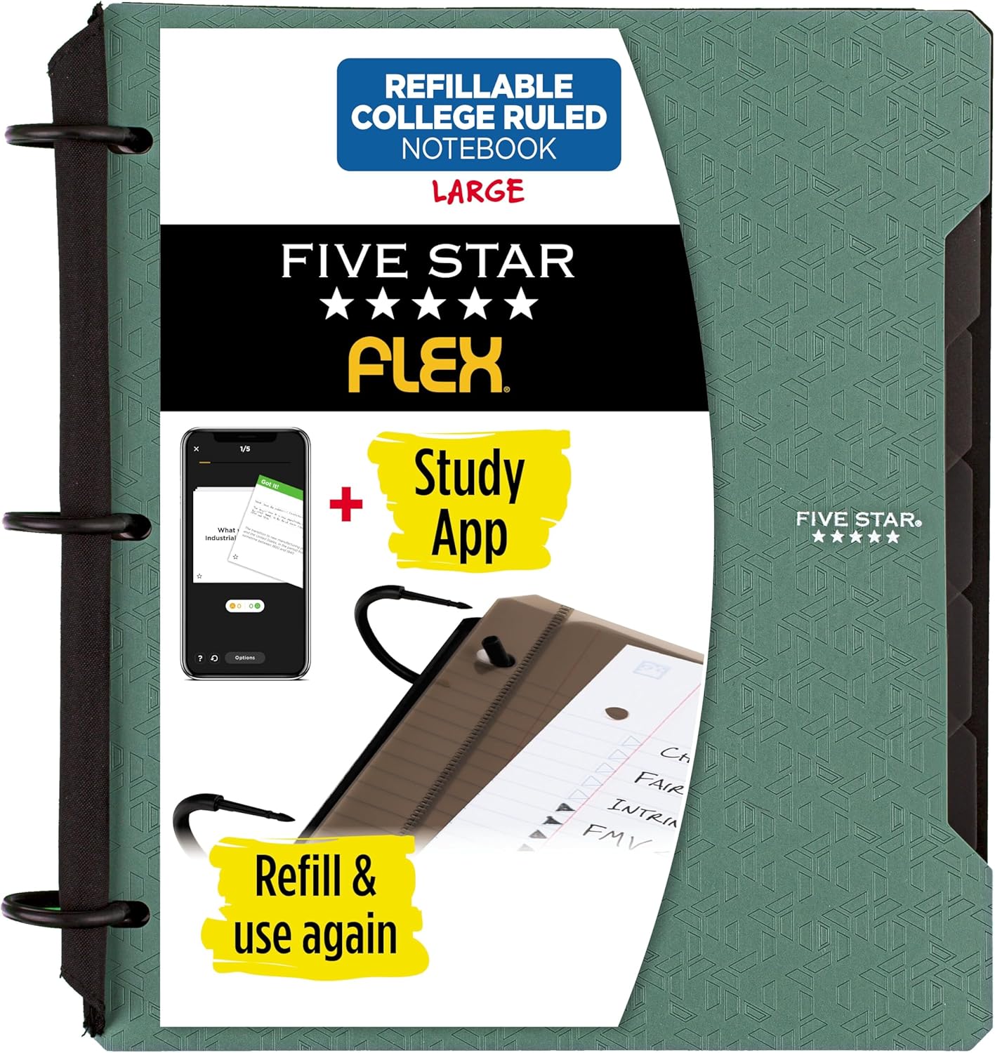 Five Star Flex Refillable Notebook + Study App 1 Inch O-Rings Binder with Pockets Tabs and Dividers, 220 Sheet Capacity, Includes 60 Sheets 8.5" x 11" College Ruled Paper, Prom Pink (293280R)