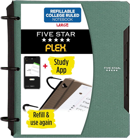 Five Star Flex Refillable Notebook + Study App 1 Inch O-Rings Binder with Pockets Tabs and Dividers, 220 Sheet Capacity, Includes 60 Sheets 8.5" x 11" College Ruled Paper, Prom Pink (293280R)
