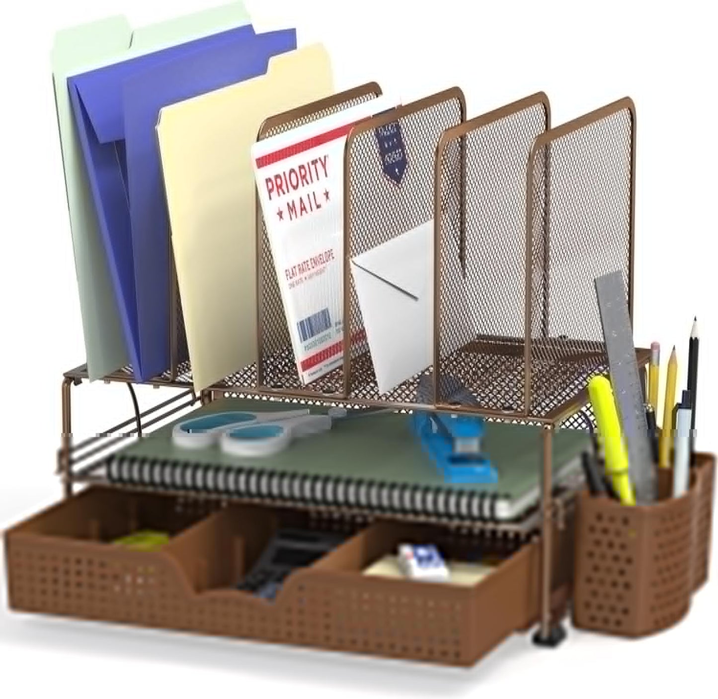Simple Houseware Mesh Desk Organizer with Sliding Drawer, Double Tray and 5 Upright Sections, Black