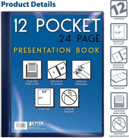 Better Office Products 12 Pocket Bound Presentation Book, Blue with Clear View Front Cover, 24 Sheet Protector Pages, 8.5" x 11" Sheets, Art Portfolio, Durable Poly Covers, Letter Size, Blue