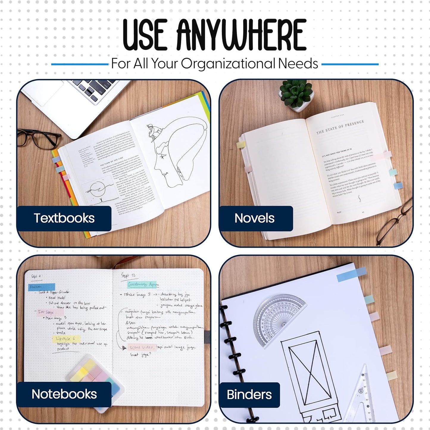 Essex Wares - 300 Pieces - Transparent Sticky Notes Tabs with Case - 5 Light Pastel Colors - 3 Cases - 1.8" x 0.4" - 60 Pieces - Pop Up Index Tabs - Book Flags for Annotating - Book Sticky Tabs