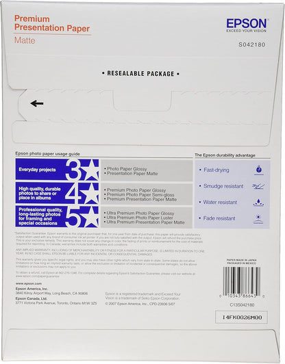 Epson Premium Presentation Paper MATTE (8.5x11 Inches, Double-sided, 50 Sheets) (S041568),Bright White