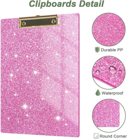 Rimilak Acrylic Glitter Clipboards, Sparkly Board with Low Profile Gold Clip, Designed for Classroom School and Office Use, A4 Letter Size 9 x 12.5 in, Pink