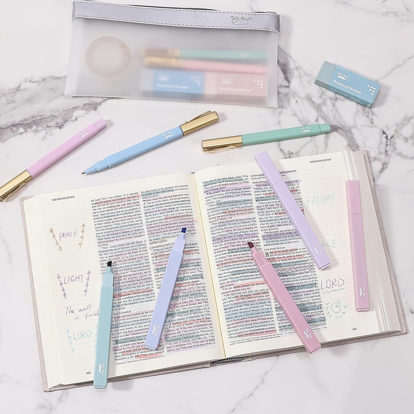 Mr. Pen- Aesthetic Highlighters and Ballpoint Pens No Bleed, 12 Pack, Pastel Colors, Bible Highlighters and Pens No Bleed, Fast Dry and No Smear for Bible Journaling, Planner, School Supplies