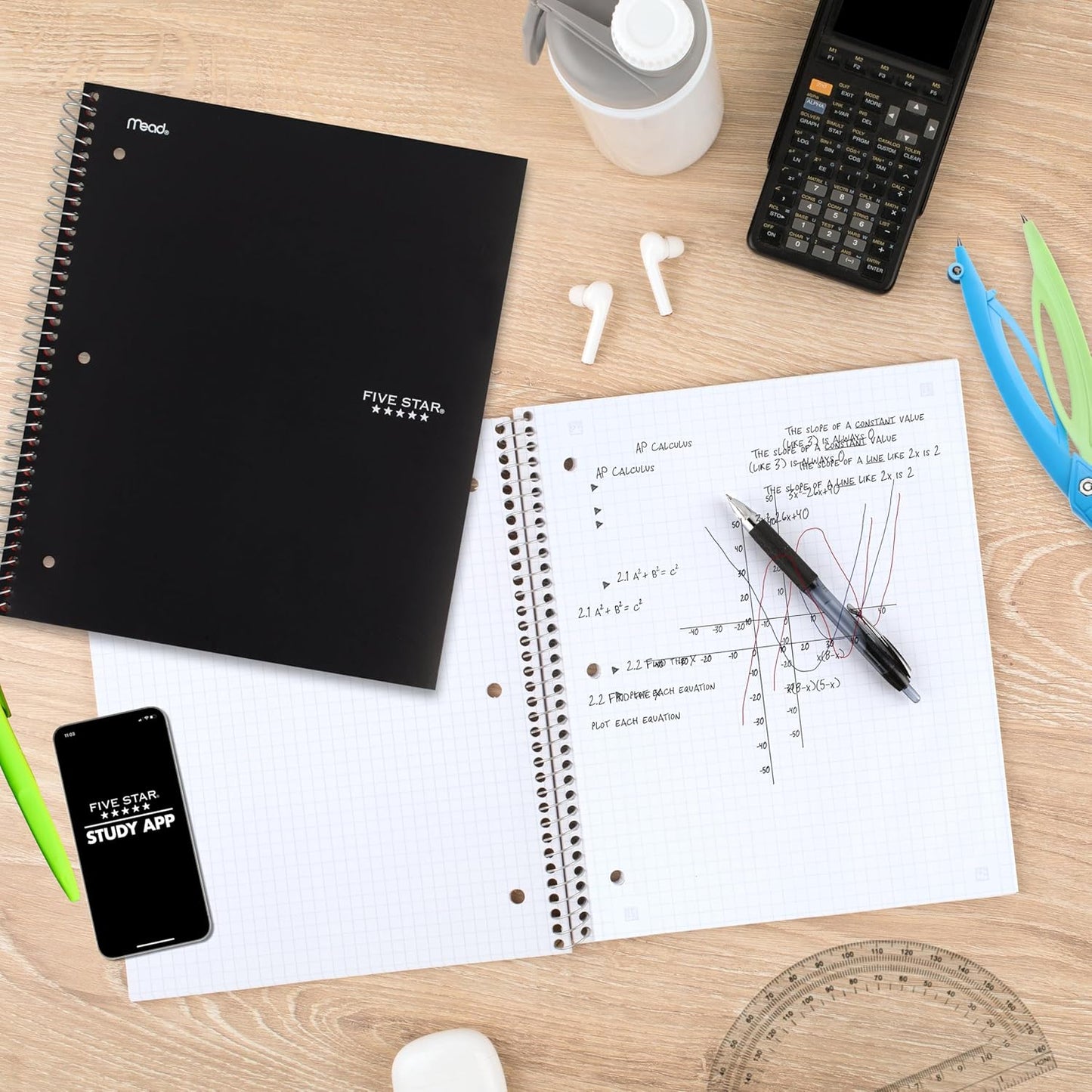 Five Star Spiral Notebook + Study App, 1 Subject, Graph Ruled Paper, 8-1/2" x 11", 100 Sheets, Fights Ink Bleed, Water Resistant Cover, Tidewater Blue (06190AA4)