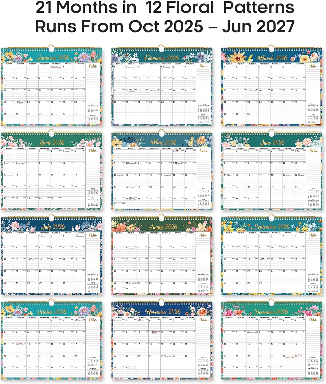 Calendar 2026-2027, Monthly Wall Calendar Runs Until June 2027, 11.5" x 14.8", Spiral Binding Hanging Wall Calendar, Perfect for Home or Office,Floral