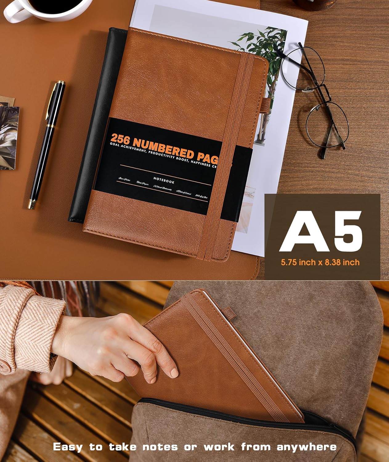 Lined Journal Notebook for Women Men, 256 Numbered Pages Hardcover Leather Journals for Writing, A5 Journaling Notebooks, College Ruled Journal for Business Work School Note Taking 5.75" x 8.38" Brown