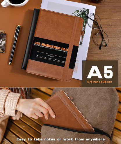 Lined Journal Notebook for Women Men, 256 Numbered Pages Hardcover Leather Journals for Writing, A5 Journaling Notebooks, College Ruled Journal for Business Work School Note Taking 5.75" x 8.38" Brown