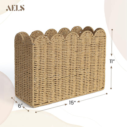 AELS Woven Natural Fibre Magazine Holder, Scalloped Edge Floor Magazine Rack, Hand-woven Organizer, Boho Modern Farmhouse Book Basket, File Newspaper Mail Holder for Office
