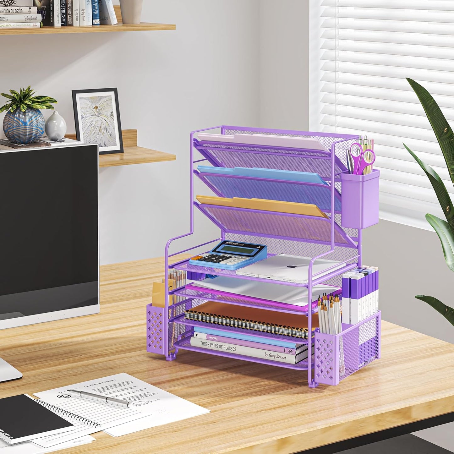 Simple Trending 7 Tier Desk File Organizer, Letter Tray Paper Organizer with Pen Holder and Metal Hanging Basket, Black