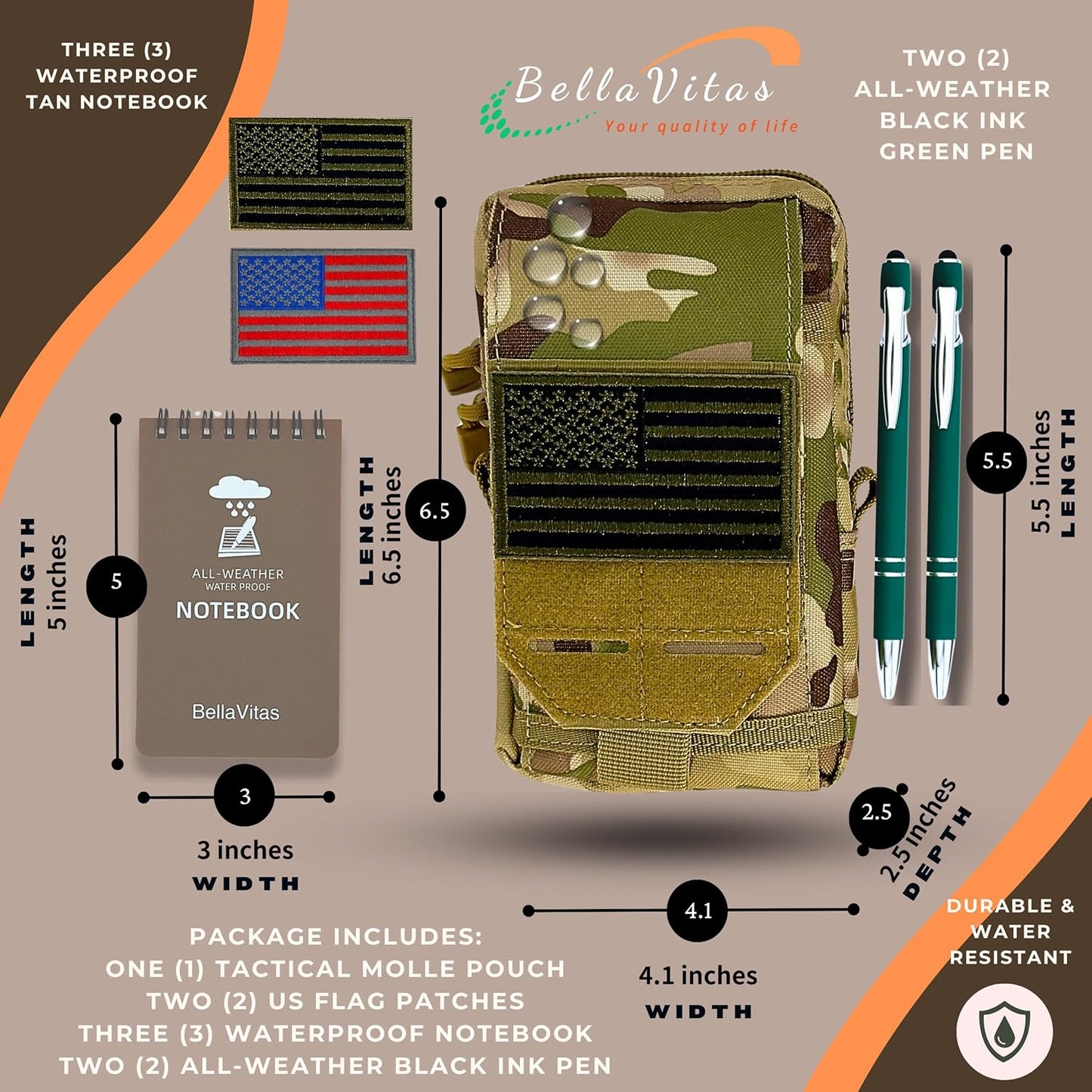 Tactical Molle Pouch Small Notebook Cover EDC Utility Bag Tool Pouch Gadget Organizer Military Waist Bag with US Flag Patch, 3”x5” Waterproof Notepad Pocket Notebook and Weatherproof Pen