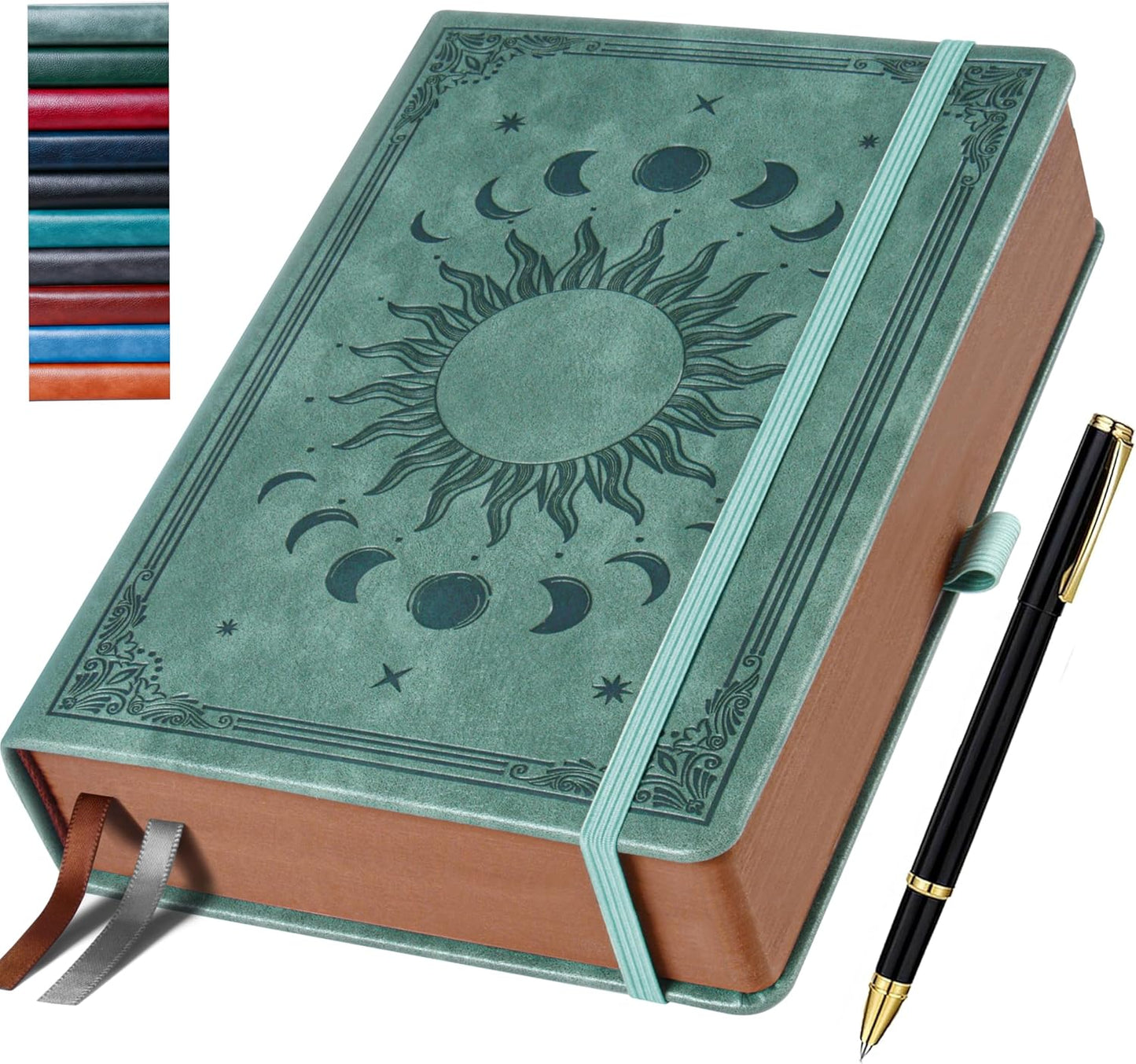 Journal Notebook for Women/Men, Daily for Classic Lined Writing,360 Pages Leather Hardcover with Vintage Sun & Moon Design, SeaGreen, A5 (14.5 x 21 cm)