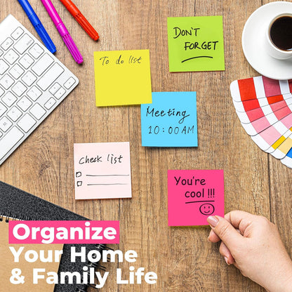 Sticky Notes 3x3 Inches, Bright Colors Self-Stick Pads, Easy to Post for Home, Office, Notebook,100 Sheets/pad (8 Pads)