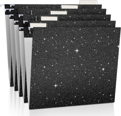25 Pcs Black Hanging File Folders 12 x 9.25'' Glitter Hanging Folders with 25 Paper 1/5 Cut Adjustable Tab and 25 Plastic Tab for Medical Charts Office Desktop