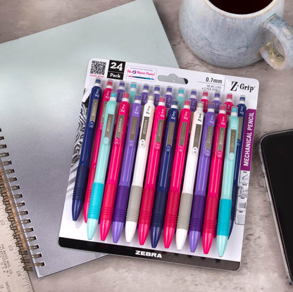 Zebra Pen, Z-Grip Mechanical Pencil, Smooth Writing, Latex-Free Grip, 0.7mm Lead, #2 HB, Pre-Loaded with Lead and Eraser, for School, Office, Everyday Use, Refillable, Clear Barrel, 24-Pack, (15241)