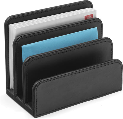 OSCO Black Faux Leather Letter Holder | Mail Sorter | Post Rack | Envelope Organiser | Document Stand | Desk File Storage | Display Slots | H14 x W17.5 D10 cm |