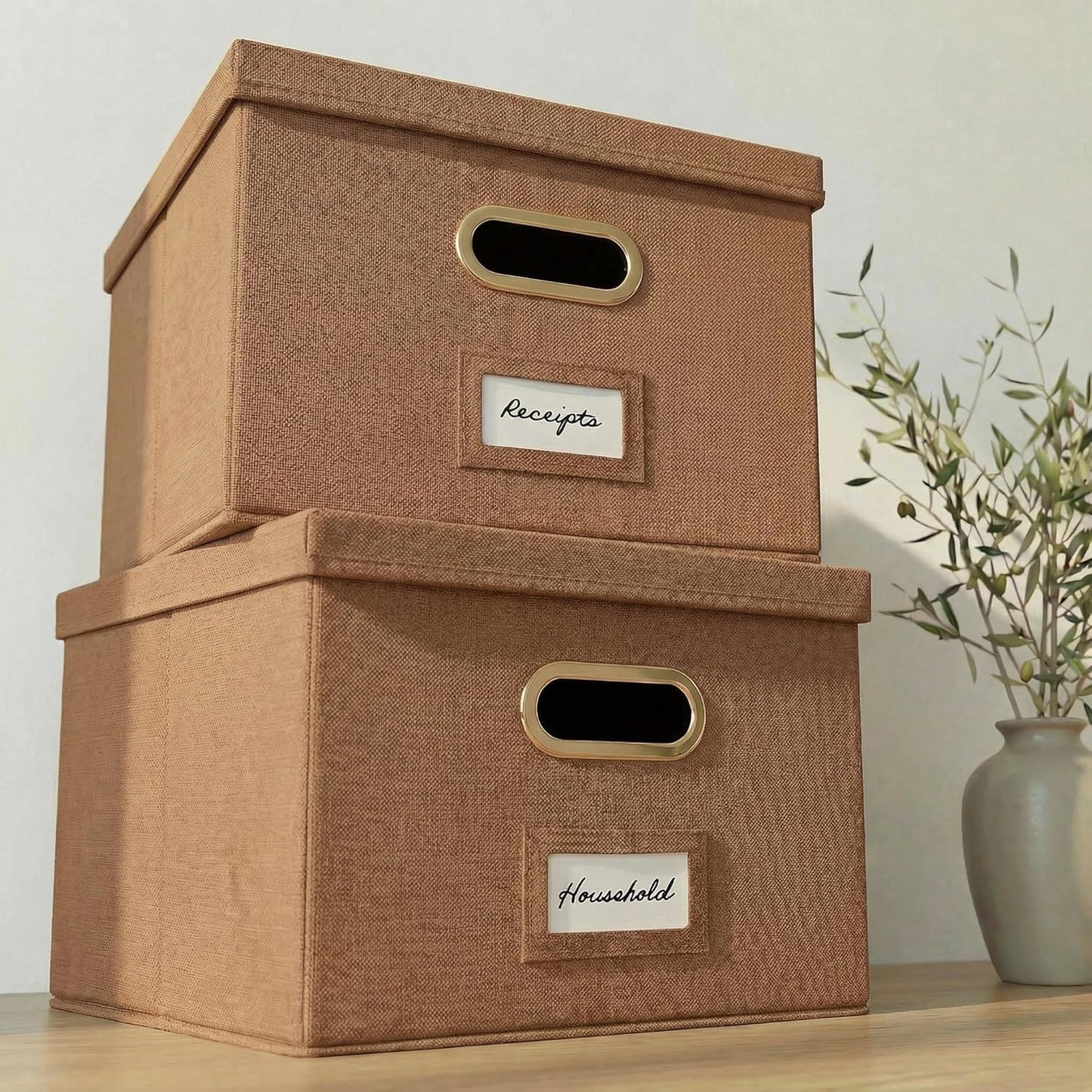 ZICOTO Decorative File Organizer Box Set of 2 - Collapsible Linen Filing Cabinets w/Handles Are Perfect to Store all Your Documents & Hanging File Folders - Portable Easy Slide Crates with Lid