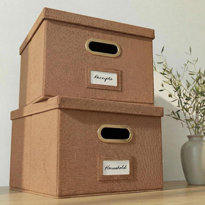 ZICOTO Decorative File Organizer Box Set of 2 - Collapsible Linen Filing Cabinets w/Handles Are Perfect to Store all Your Documents & Hanging File Folders - Portable Easy Slide Crates with Lid