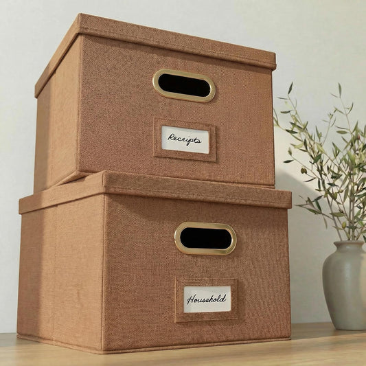 ZICOTO Decorative File Organizer Box Set of 2 - Collapsible Linen Filing Cabinets w/Handles Are Perfect to Store all Your Documents & Hanging File Folders - Portable Easy Slide Crates with Lid