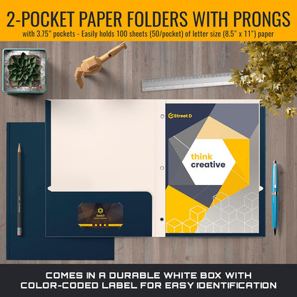 Better Office Products Blue Paper 2 Pocket Folders with Prongs, 50 Pack, Matte Texture, Letter Size Paper Folders, 50 Pack, with 3 Metal Prong Fastener Clips, Blue