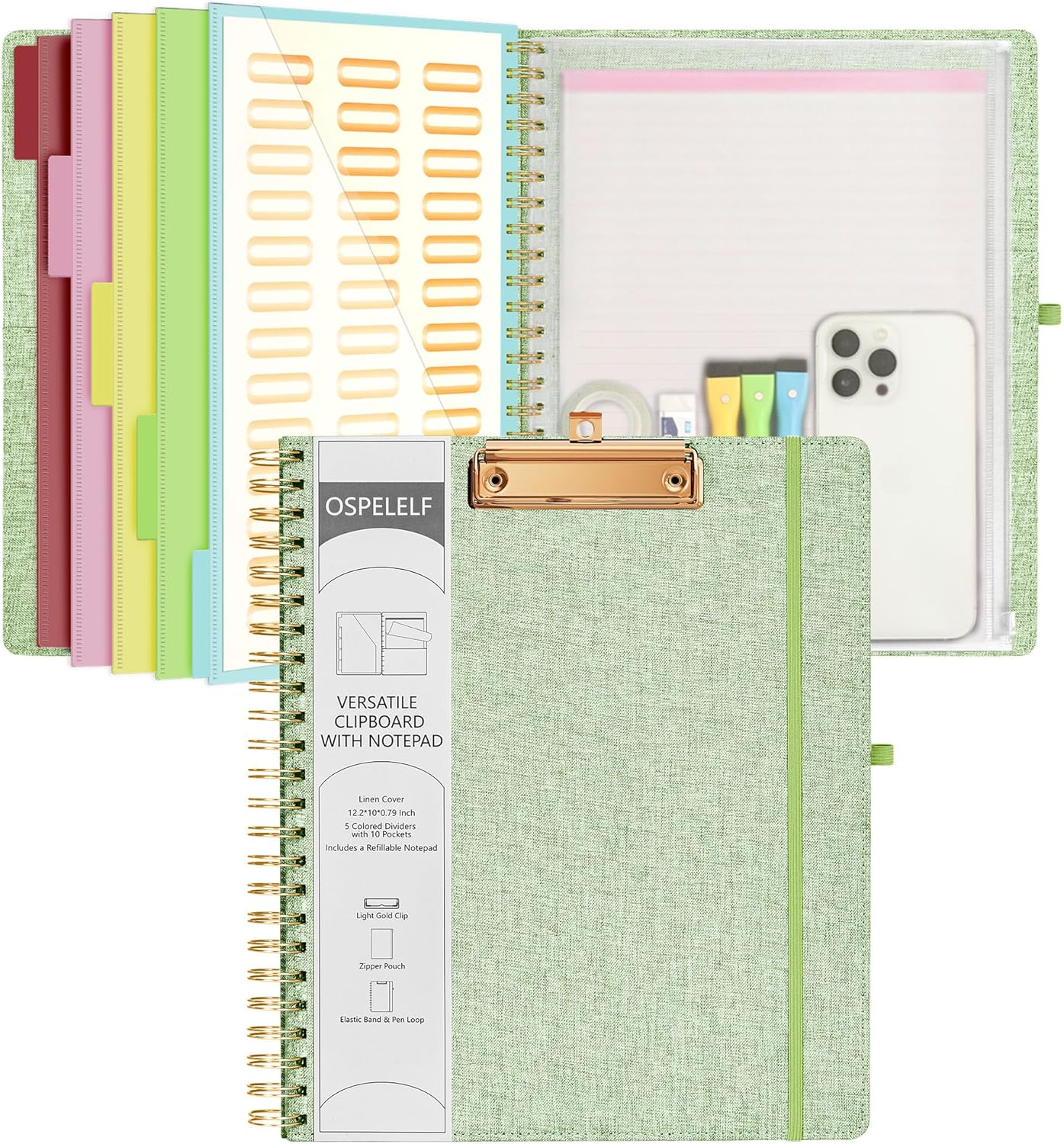 Ospelelf Foldable Spiral Clipboard Folio with Storage Zipper Pouch, 5 Plastic Folders with 10 Pockets,Refillable Lined Notepad (11" x 8.5"), Hardcover Project Organizer with 39 Stickers (Purple)