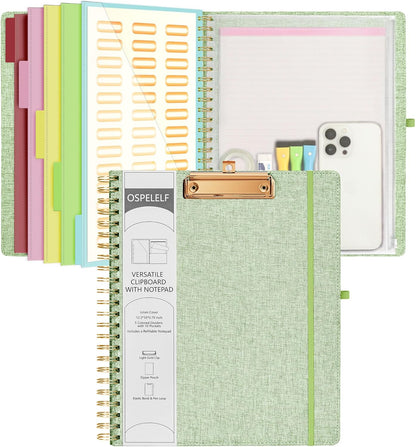 Ospelelf Foldable Spiral Clipboard Folio with Storage Zipper Pouch, 5 Plastic Folders with 10 Pockets,Refillable Lined Notepad (11" x 8.5"), Hardcover Project Organizer with 39 Stickers (Purple)