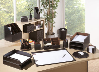 OSCO Black Faux Leather Letter Holder | Mail Sorter | Post Rack | Envelope Organiser | Document Stand | Desk File Storage | Display Slots | H14 x W17.5 D10 cm |