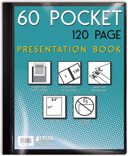 Better Office Products 60 Pocket Bound Black Presentation Book, with Clear View Front Cover, 120 Sheet Protector Pages, 8.5" x 11" Sheets, Art Portfolio, Durable Poly Covers, Letter Size