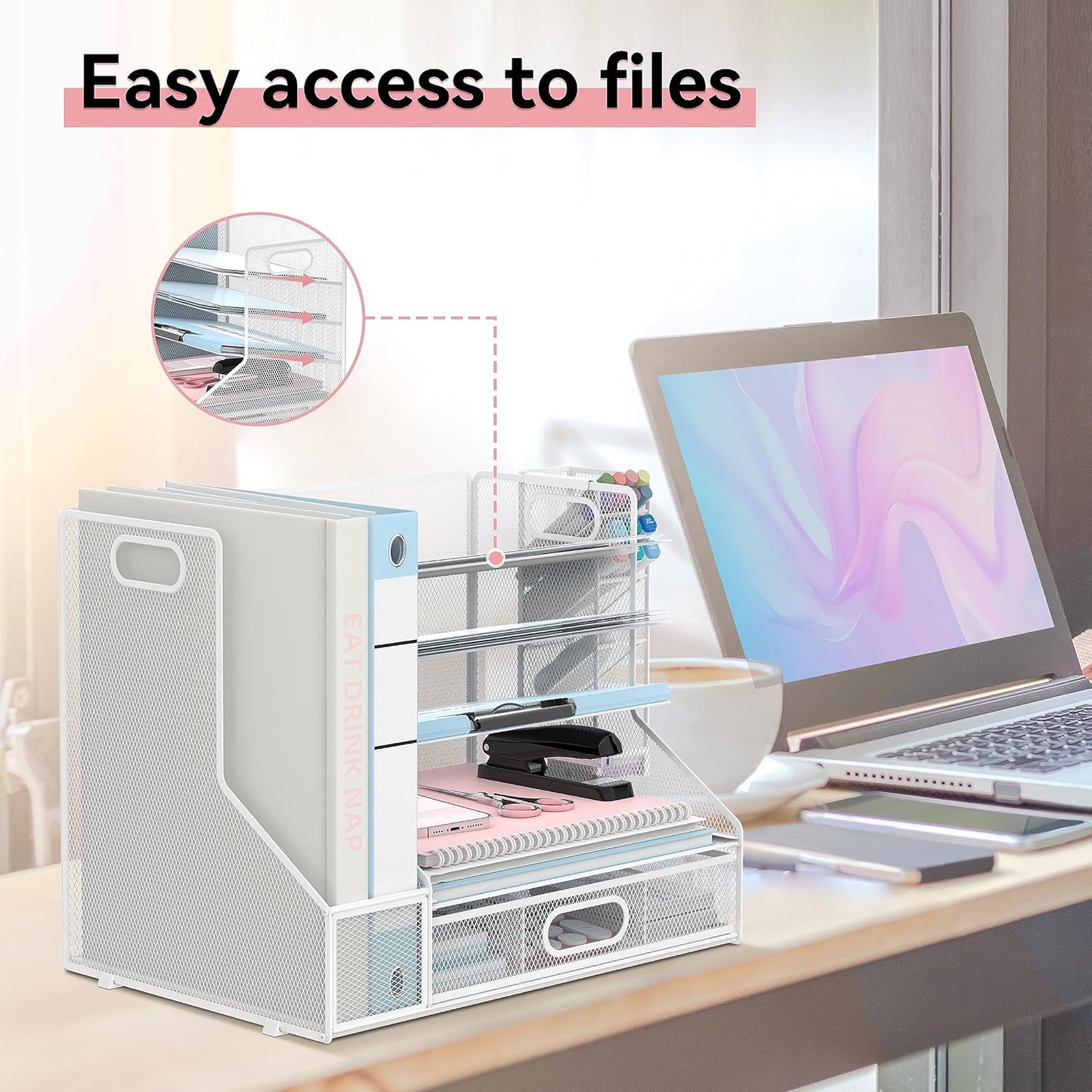 SUPEASY Desk Organizer with File Holder, 5-Tier Mesh Paper Letter Tray Organizer with Pen Holder and Drawer, Desktop Organizer and Storage with 3 Tilted File Sorter for Office Supplies, Blue