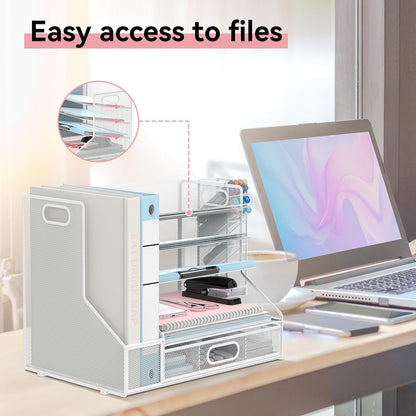 SUPEASY Desk Organizer with File Holder, 5-Tier Mesh Paper Letter Tray Organizer with Pen Holder and Drawer, Desktop Organizer and Storage with 3 Tilted File Sorter for Office Supplies, Blue