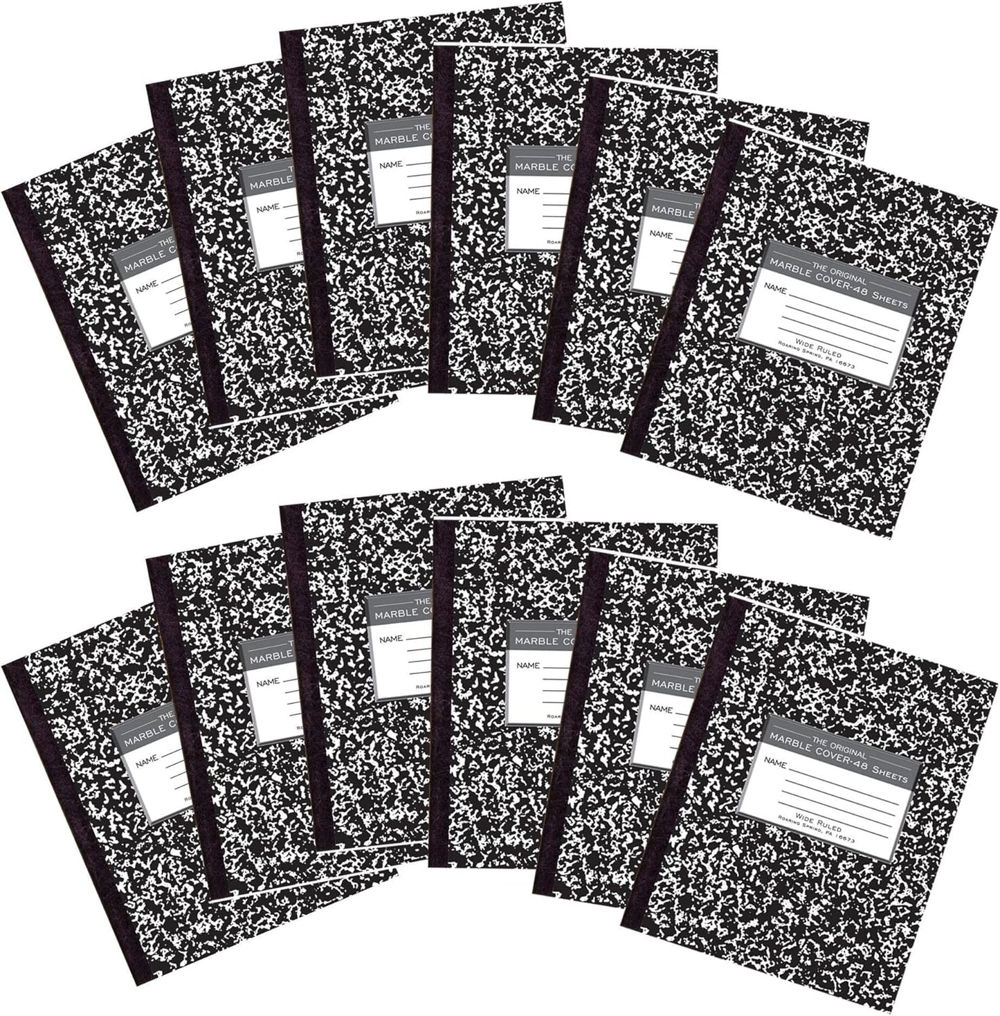 ROARING SPRING Flexible Cover Composition Notebook, 12 Books, Black Marble, Wide Ruled w/Margin, 48 Sheets (96 Pages), 8.5" × 7", Center-Sewn, Made in USA